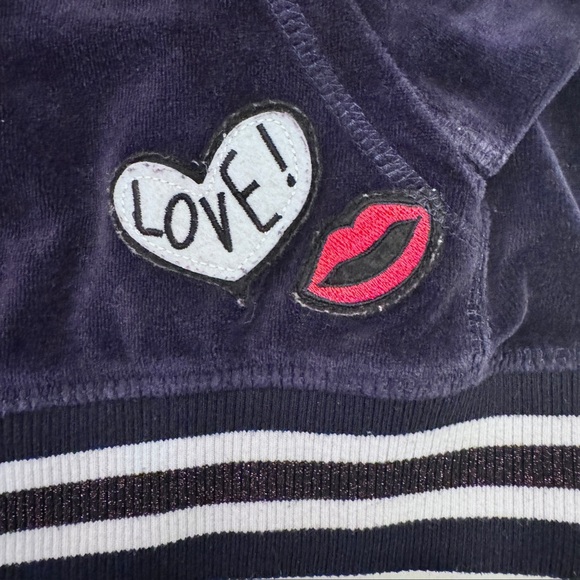 Betsey Johnson Navy Velour Full Zip Hoodie Jacket Vtg Y2K Stripe Patches - Picture 3 of 7